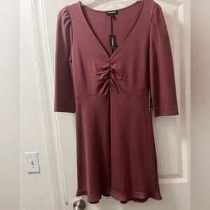 Express 3/4 Sleeve V Neck Dress with Ruffle